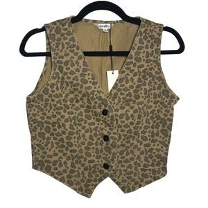 NWT Vigoss Leopard Animal Print Cropped Vest Waistcoat Tan Brown Denim Boho S